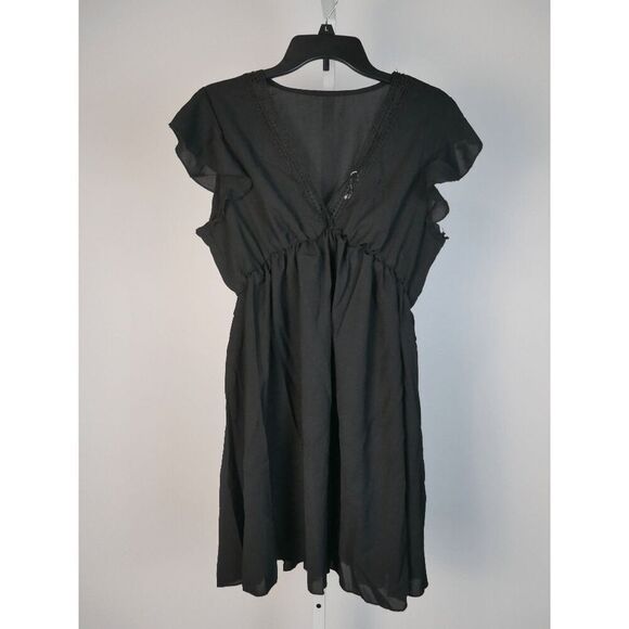 Women's Black V-Neck Flutter Sleeve Mini Dress Size XL Summer Casual - Picture 2 of 7